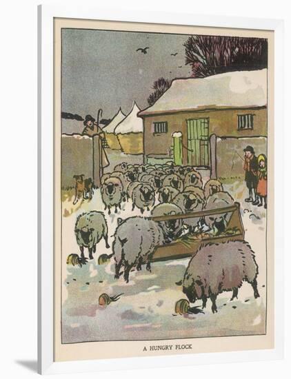 Flock of Sheep in the Snow Eating from a Trough While the Shepherd and Two Children Watch-null-Framed Art Print