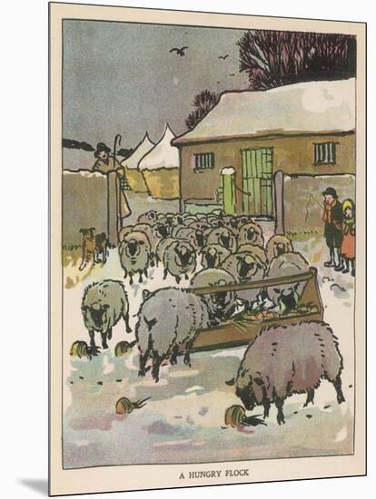 Flock of Sheep in the Snow Eating from a Trough While the Shepherd and Two Children Watch-null-Mounted Art Print