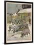 Flock of Sheep in the Snow Eating from a Trough While the Shepherd and Two Children Watch-null-Framed Art Print