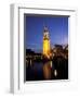 Floodlit Tower at Twilight Reflected in the Canal, Oudeschams, Amsterdam, the Netherlands (Holland)-Richard Nebesky-Framed Photographic Print