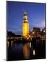Floodlit Tower at Twilight Reflected in the Canal, Oudeschams, Amsterdam, the Netherlands (Holland)-Richard Nebesky-Mounted Photographic Print