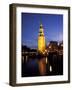 Floodlit Tower at Twilight Reflected in the Canal, Oudeschams, Amsterdam, the Netherlands (Holland)-Richard Nebesky-Framed Photographic Print