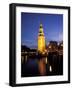 Floodlit Tower at Twilight Reflected in the Canal, Oudeschams, Amsterdam, the Netherlands (Holland)-Richard Nebesky-Framed Photographic Print