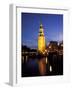 Floodlit Tower at Twilight Reflected in the Canal, Oudeschams, Amsterdam, the Netherlands (Holland)-Richard Nebesky-Framed Photographic Print