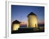 Floodlit Windmills at Night, Mykonos Town, Mykonos, Cyclades, Greek Islands, Greece, Europe-Lee Frost-Framed Photographic Print