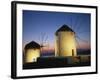 Floodlit Windmills at Night, Mykonos Town, Mykonos, Cyclades, Greek Islands, Greece, Europe-Lee Frost-Framed Photographic Print