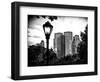 Floor Lamp in Central Park Overlooking Buildings, Manhattan, New York, Black and White Photography-Philippe Hugonnard-Framed Photographic Print