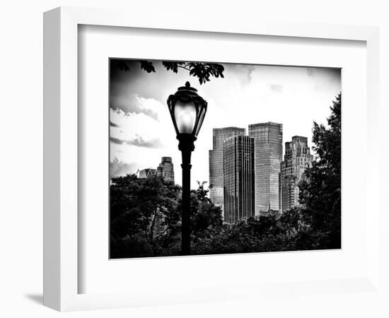 Floor Lamp in Central Park Overlooking Buildings, Manhattan, New York, Black and White Photography-Philippe Hugonnard-Framed Photographic Print