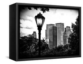 Floor Lamp in Central Park Overlooking Buildings, Manhattan, New York, Black and White Photography-Philippe Hugonnard-Framed Stretched Canvas