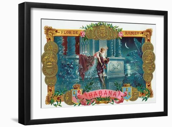 Flor de Romeo Brand Cigar Box Label, Famous Romeo and Juliet Balcony Scene-Lantern Press-Framed Art Print