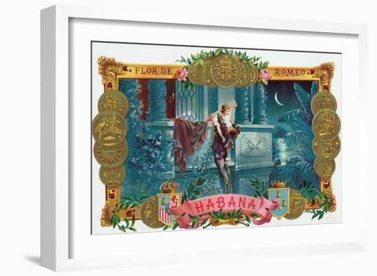Flor de Romeo Brand Cigar Box Label, Famous Romeo and Juliet Balcony Scene-Lantern Press-Framed Art Print