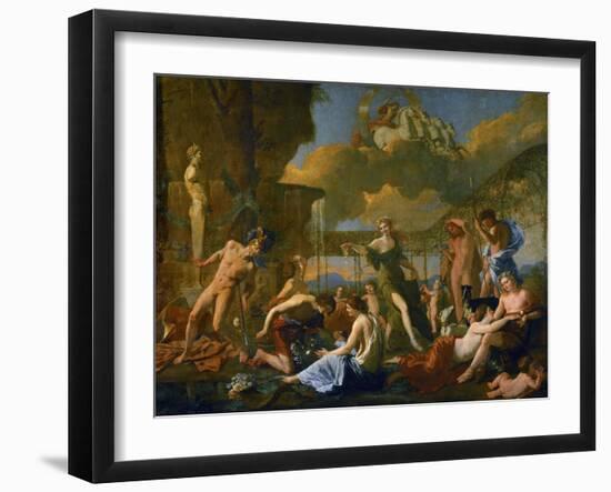 Flora's Realm, 1631, Three Gods, Flora, Apollo and Pan; Ajax Killing Himself-Nicolas Poussin-Framed Giclee Print