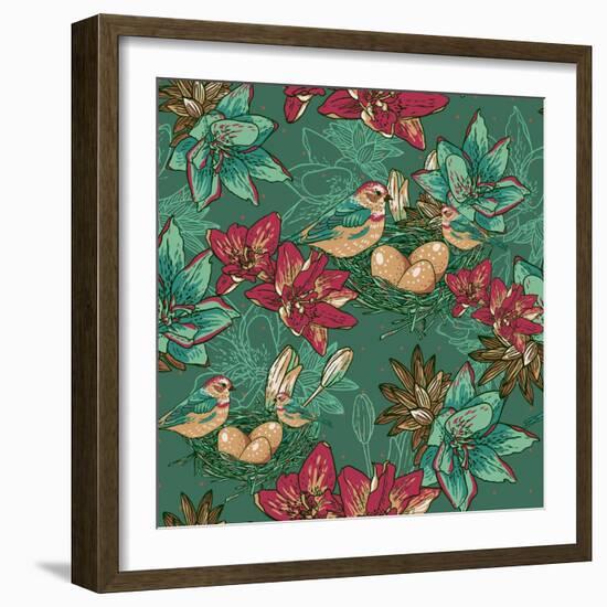 Floral Background with Bird-Varvara Kurakina-Framed Art Print