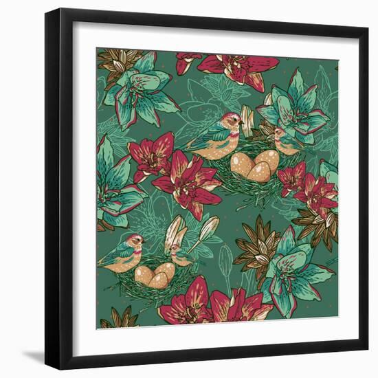 Floral Background with Bird-Varvara Kurakina-Framed Art Print