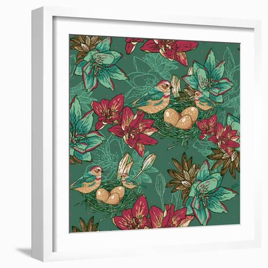 Floral Background with Bird-Varvara Kurakina-Framed Art Print