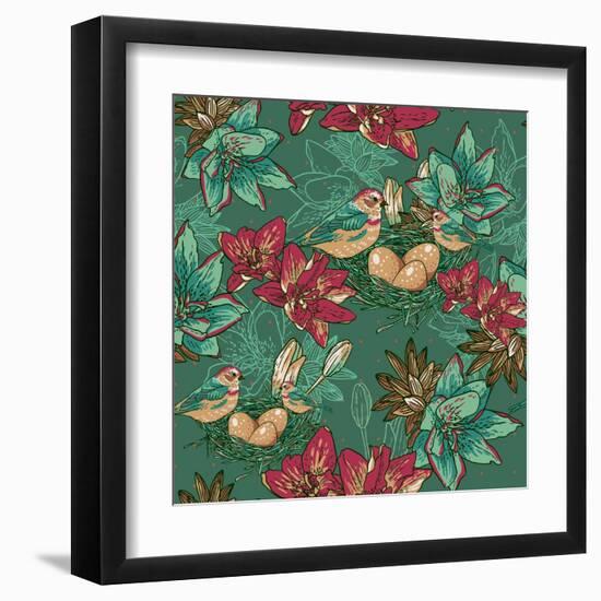 Floral Background with Bird-Varvara Kurakina-Framed Art Print