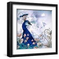 Floral Background with Peacock-Varvara Kurakina-Framed Art Print