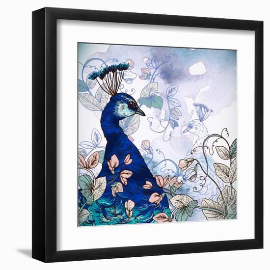 Floral Background with Peacock-Varvara Kurakina-Framed Art Print