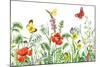 Floral Horizontal Seamless Border with Watercolor Wildflowers, Red Poppies, Bees and Butterflies. S-Val_Iva-Mounted Art Print