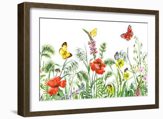 Floral Horizontal Seamless Border with Watercolor Wildflowers, Red Poppies, Bees and Butterflies. S-Val_Iva-Framed Art Print