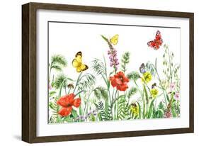 Floral Horizontal Seamless Border with Watercolor Wildflowers, Red Poppies, Bees and Butterflies. S-Val_Iva-Framed Art Print