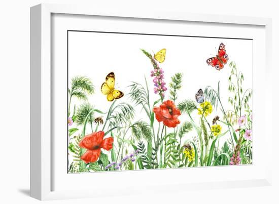 Floral Horizontal Seamless Border with Watercolor Wildflowers, Red Poppies, Bees and Butterflies. S-Val_Iva-Framed Art Print