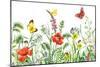 Floral Horizontal Seamless Border with Watercolor Wildflowers, Red Poppies, Bees and Butterflies. S-Val_Iva-Mounted Art Print