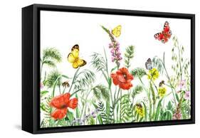 Floral Horizontal Seamless Border with Watercolor Wildflowers, Red Poppies, Bees and Butterflies. S-Val_Iva-Framed Stretched Canvas
