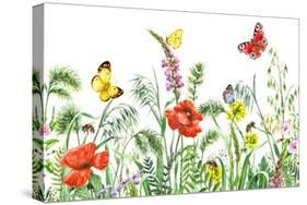Floral Horizontal Seamless Border with Watercolor Wildflowers, Red Poppies, Bees and Butterflies. S-Val_Iva-Stretched Canvas