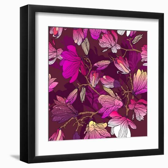 Floral Pattern with Magnolia Flowers-Lola Tsvetaeva-Framed Art Print