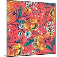 Floral Pattern with Vintage Blooming Flowers on a Red Background-Anna Paff-Mounted Art Print