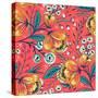 Floral Pattern with Vintage Blooming Flowers on a Red Background-Anna Paff-Stretched Canvas