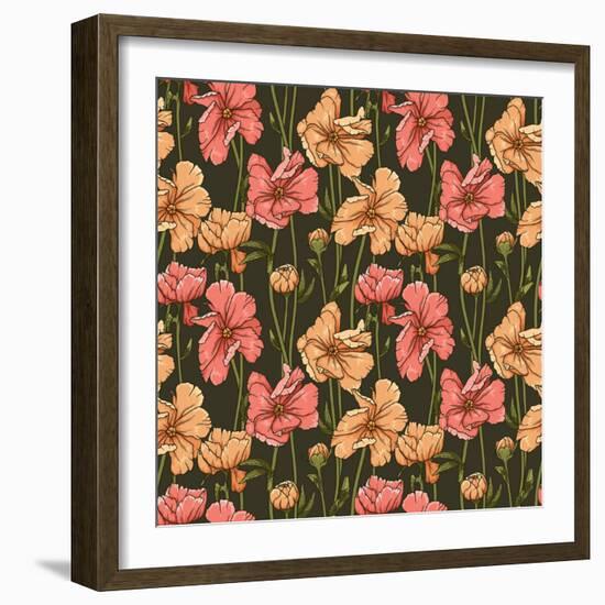 Floral Seamless Pattern with Colorful Flowers on Dark Background-hoverfly-Framed Art Print