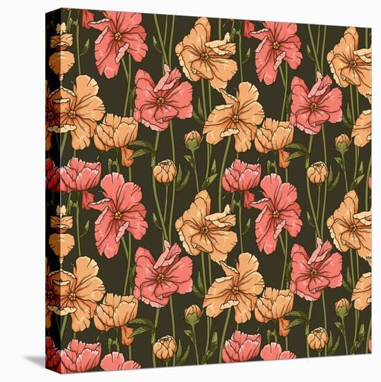 Floral Seamless Pattern with Colorful Flowers on Dark Background-hoverfly-Stretched Canvas