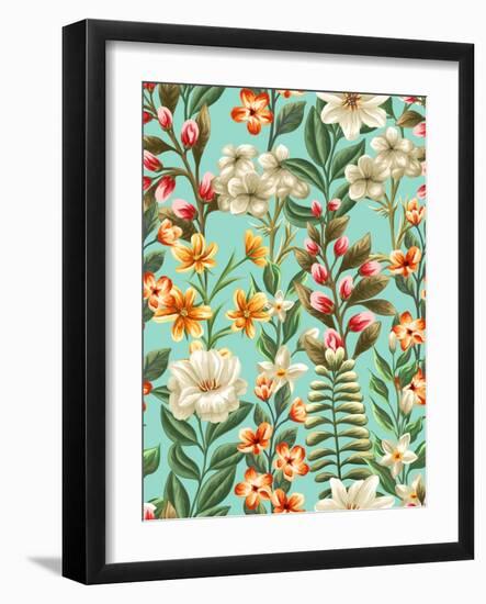 Floral Seamless Pattern with Flowers and Leaves on Blue Background in Watercolor Style-hoverfly-Framed Art Print