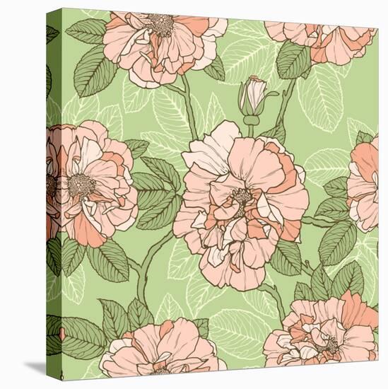 Floral Seamless Pattern with Pink Roses on Green Background-hoverfly-Stretched Canvas