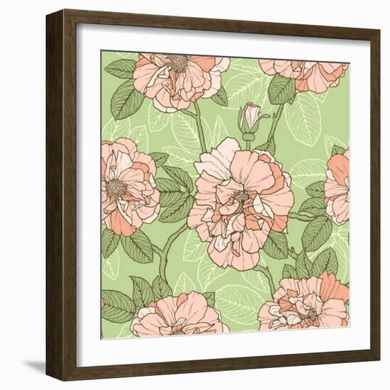 Floral Seamless Pattern with Pink Roses on Green Background-hoverfly-Framed Art Print