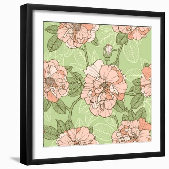 Floral Seamless Pattern with Pink Roses on Green Background-hoverfly-Framed Art Print