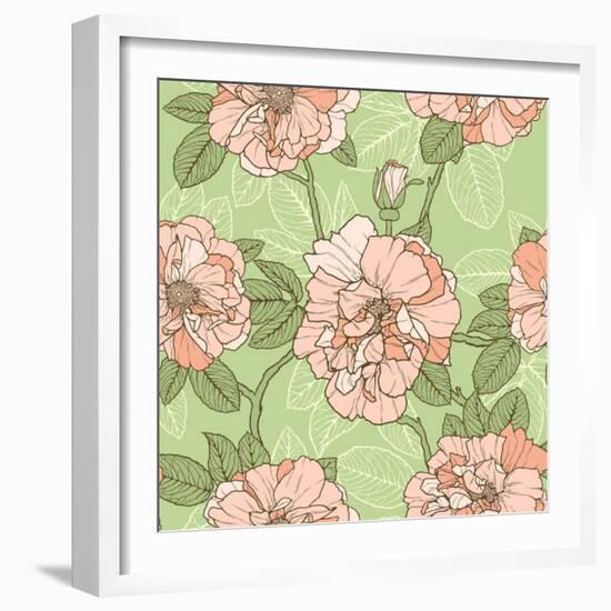 Floral Seamless Pattern with Pink Roses on Green Background-hoverfly-Framed Art Print