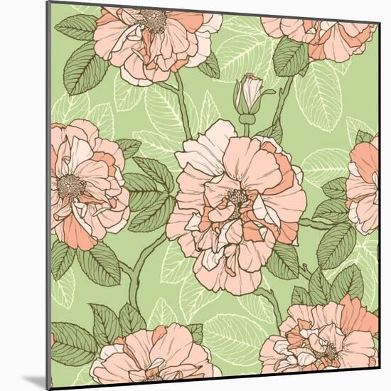 Floral Seamless Pattern with Pink Roses on Green Background-hoverfly-Mounted Art Print