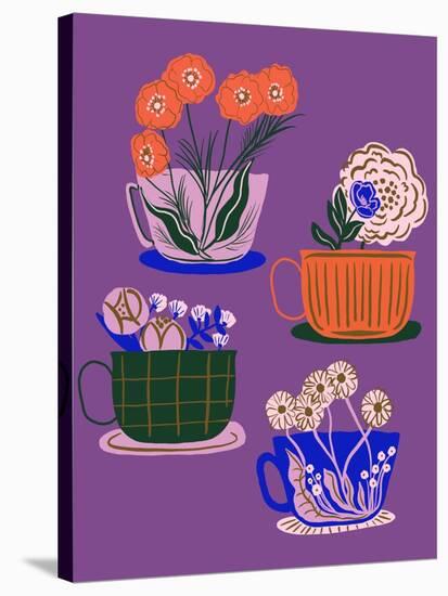 Floral Teacups - Purple-Tara Reed-Stretched Canvas