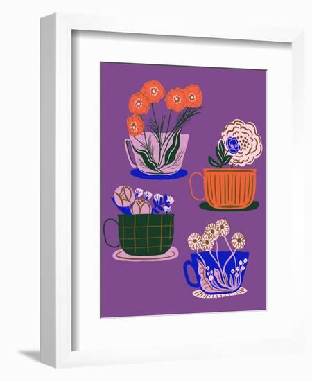 Floral Teacups - Purple-Tara Reed-Framed Art Print