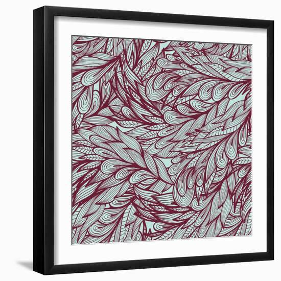 Floral Vintage Monochrome Doodle Pattern with Abstract Feathers-tairen-Framed Art Print