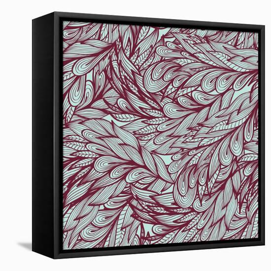 Floral Vintage Monochrome Doodle Pattern with Abstract Feathers-tairen-Framed Stretched Canvas