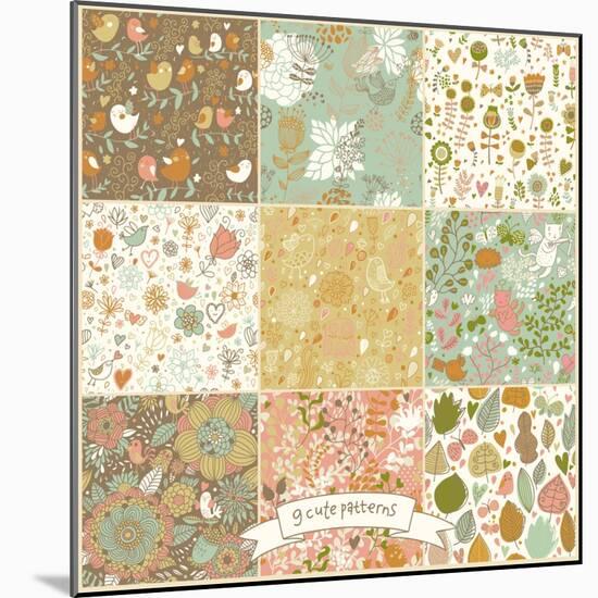 Floral Vintage Patterns with Birds and Butterflies-smilewithjul-Mounted Art Print