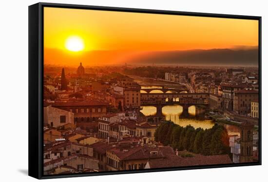 Florence Arno River and Ponte Vecchio at Sunset, Italy-fisfra-Framed Stretched Canvas