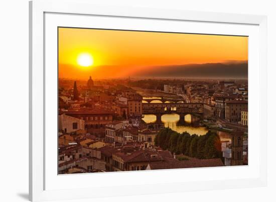 Florence Arno River and Ponte Vecchio at Sunset, Italy-fisfra-Framed Photographic Print