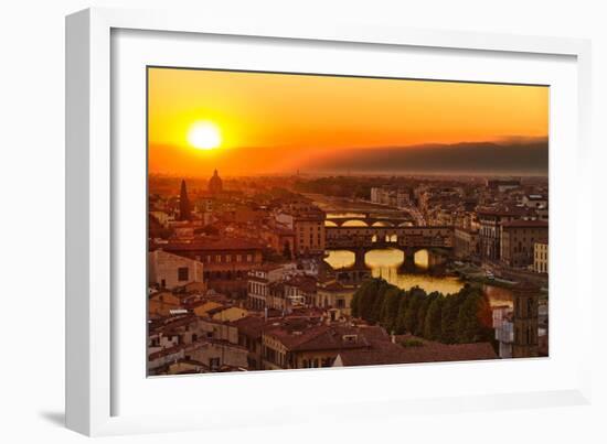 Florence Arno River and Ponte Vecchio at Sunset, Italy-fisfra-Framed Photographic Print