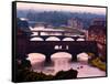 Florence, Florence Province, Tuscany, Italy. View to bridges across Arno river. Ponte Vecchio in...-null-Framed Stretched Canvas