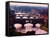 Florence, Florence Province, Tuscany, Italy. View to bridges across Arno river. Ponte Vecchio in...-null-Framed Stretched Canvas